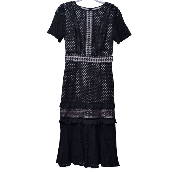 True Decadence Dresses & Skirts - NWT True Decadence All-over Frill Lace Overlay black Tiered midi dress size 12
